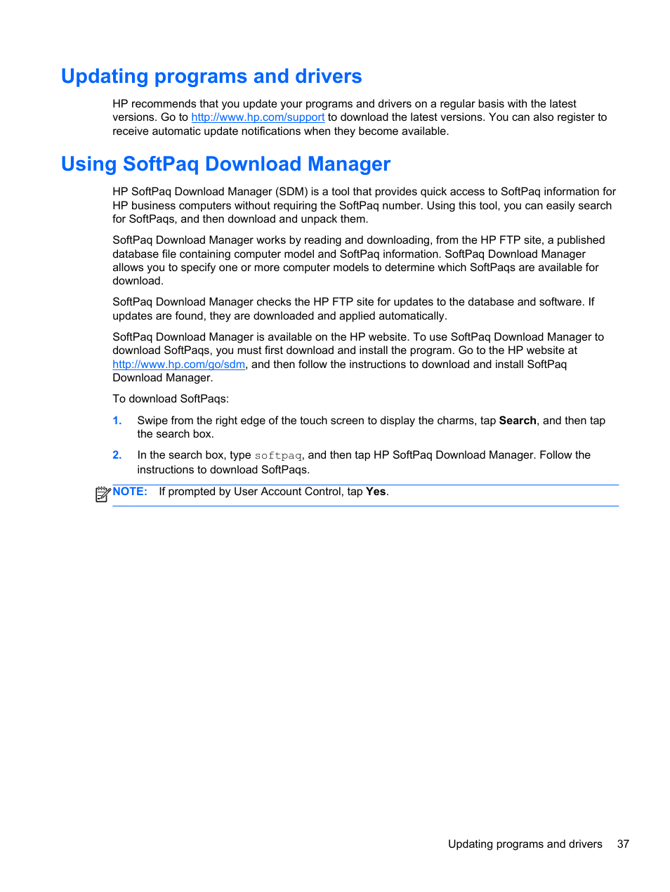 Updating programs and drivers, Using softpaq download manager | HP ElitePad 900 G1 Tablet User Manual | Page 45 / 57