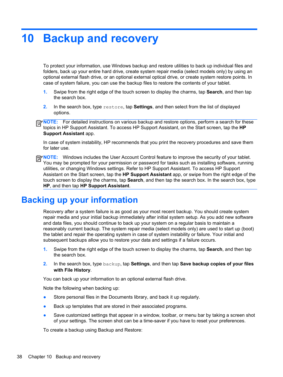 Backup and recovery, Backing up your information, 10 backup and recovery | HP ElitePad 900 G1 Tablet User Manual | Page 46 / 57