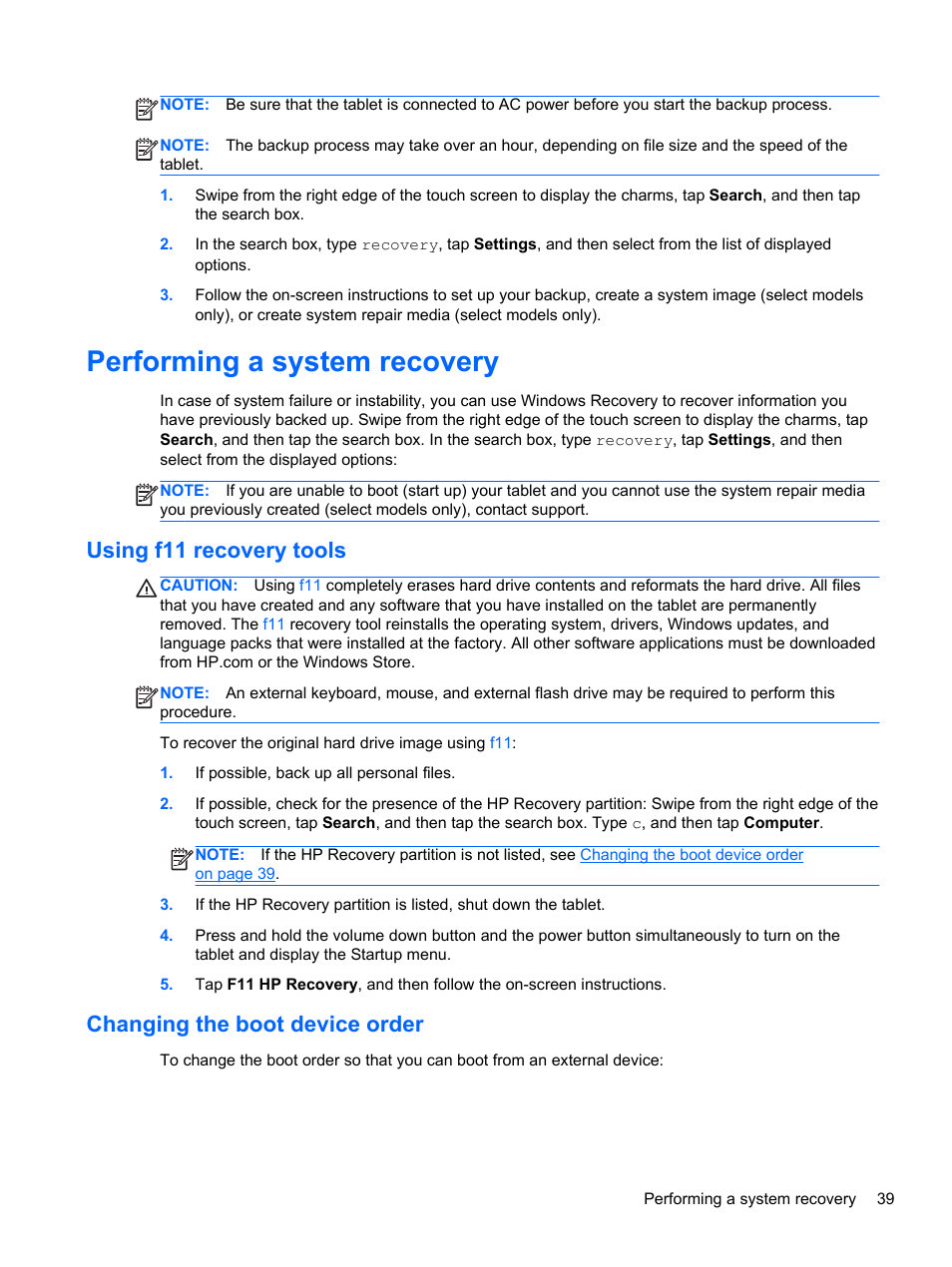 Performing a system recovery, Using f11 recovery tools, Changing the boot device order | HP ElitePad 900 G1 Tablet User Manual | Page 47 / 57
