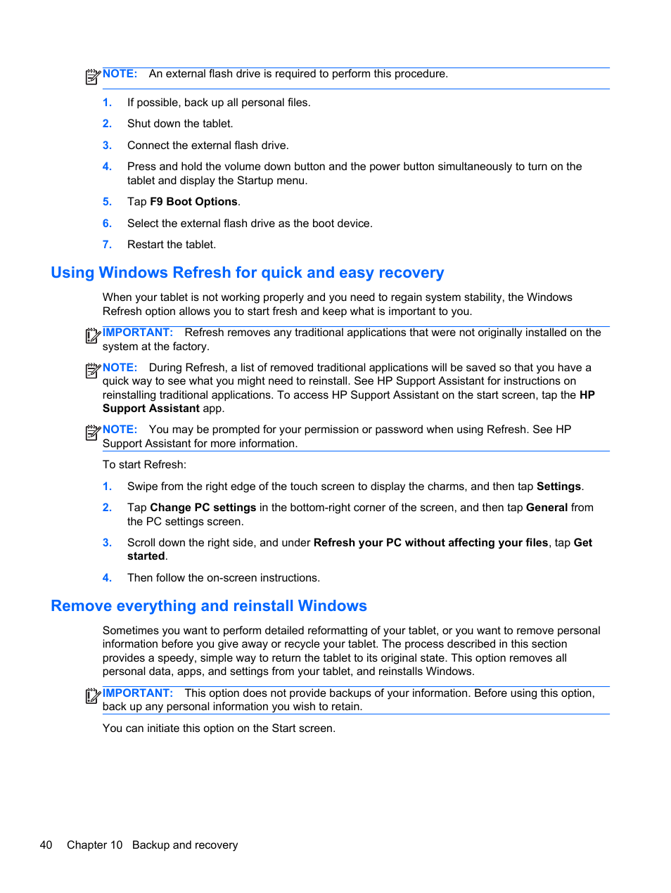 Using windows refresh for quick and easy recovery, Remove everything and reinstall windows | HP ElitePad 900 G1 Tablet User Manual | Page 48 / 57