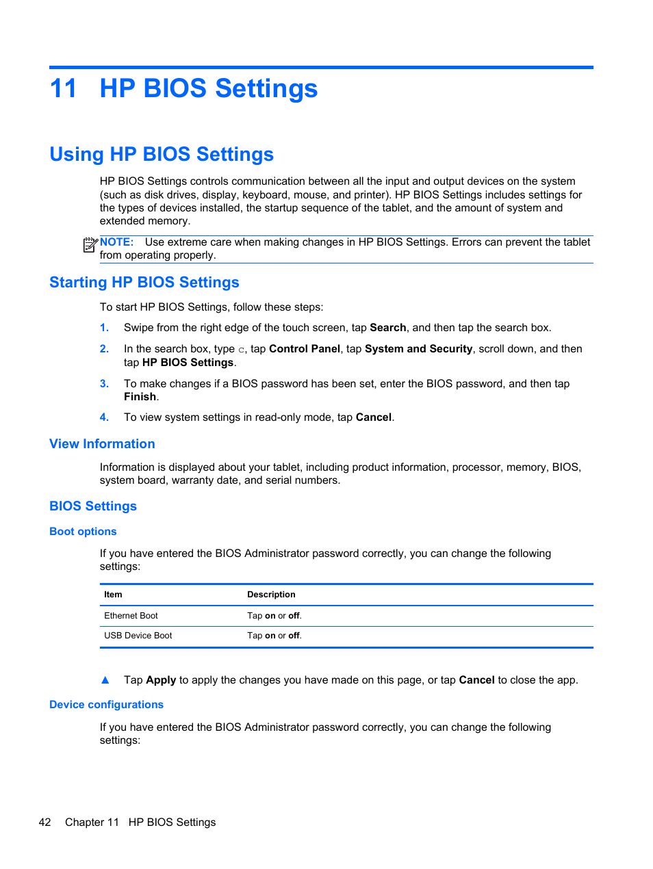 Hp bios settings, Using hp bios settings, Starting hp bios settings | View information, Bios settings, Boot options, Device configurations, 11 hp bios settings, View information bios settings, Boot options device configurations | HP ElitePad 900 G1 Tablet User Manual | Page 50 / 57