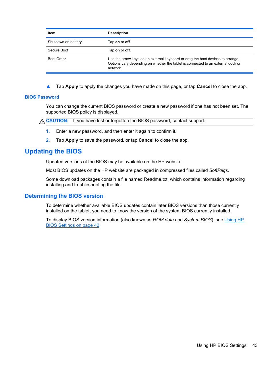 Bios password, Updating the bios, Determining the bios version | HP ElitePad 900 G1 Tablet User Manual | Page 51 / 57