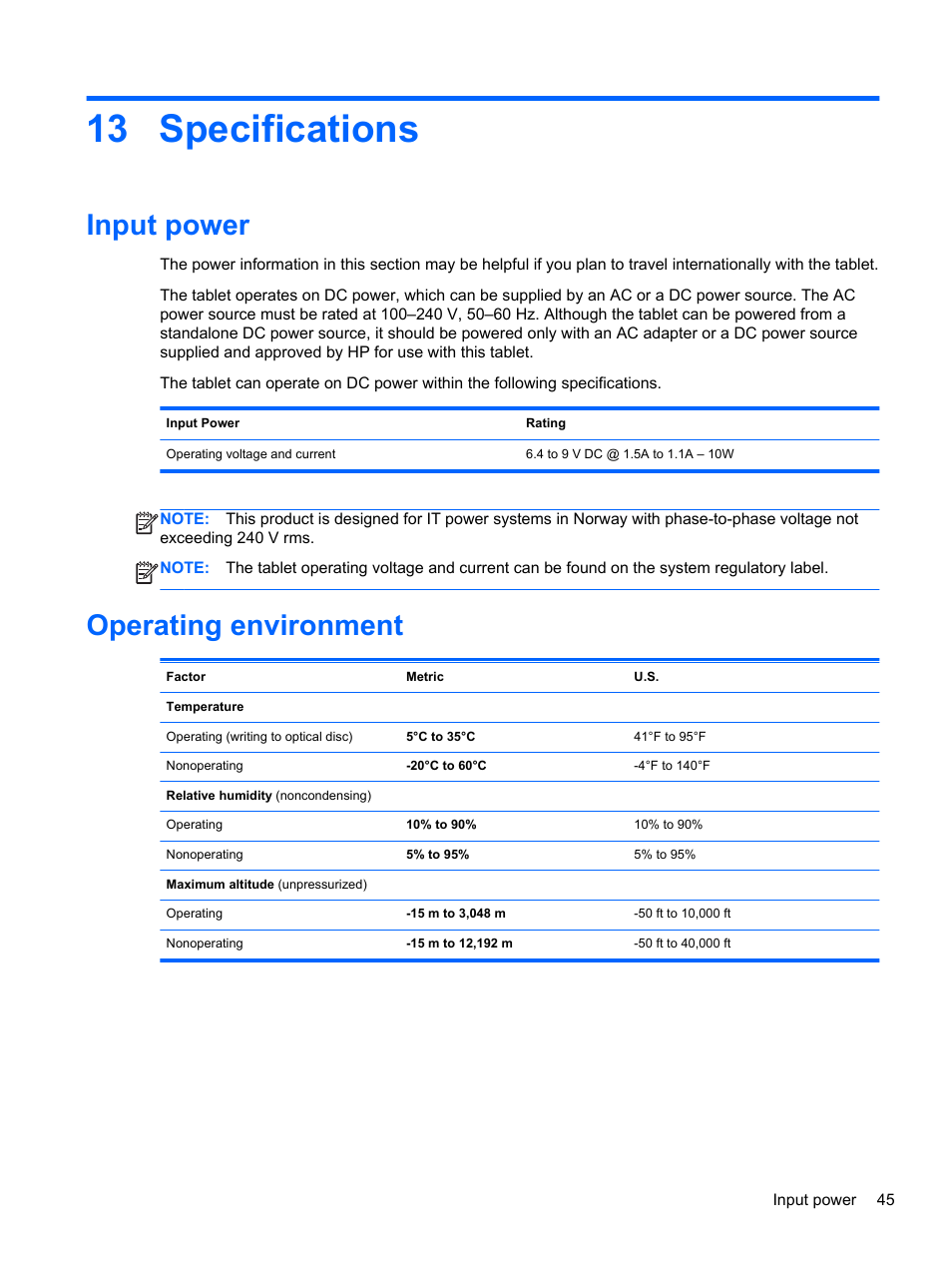 Specifications, Input power, Operating environment | 13 specifications, Input power operating environment | HP ElitePad 900 G1 Tablet User Manual | Page 53 / 57