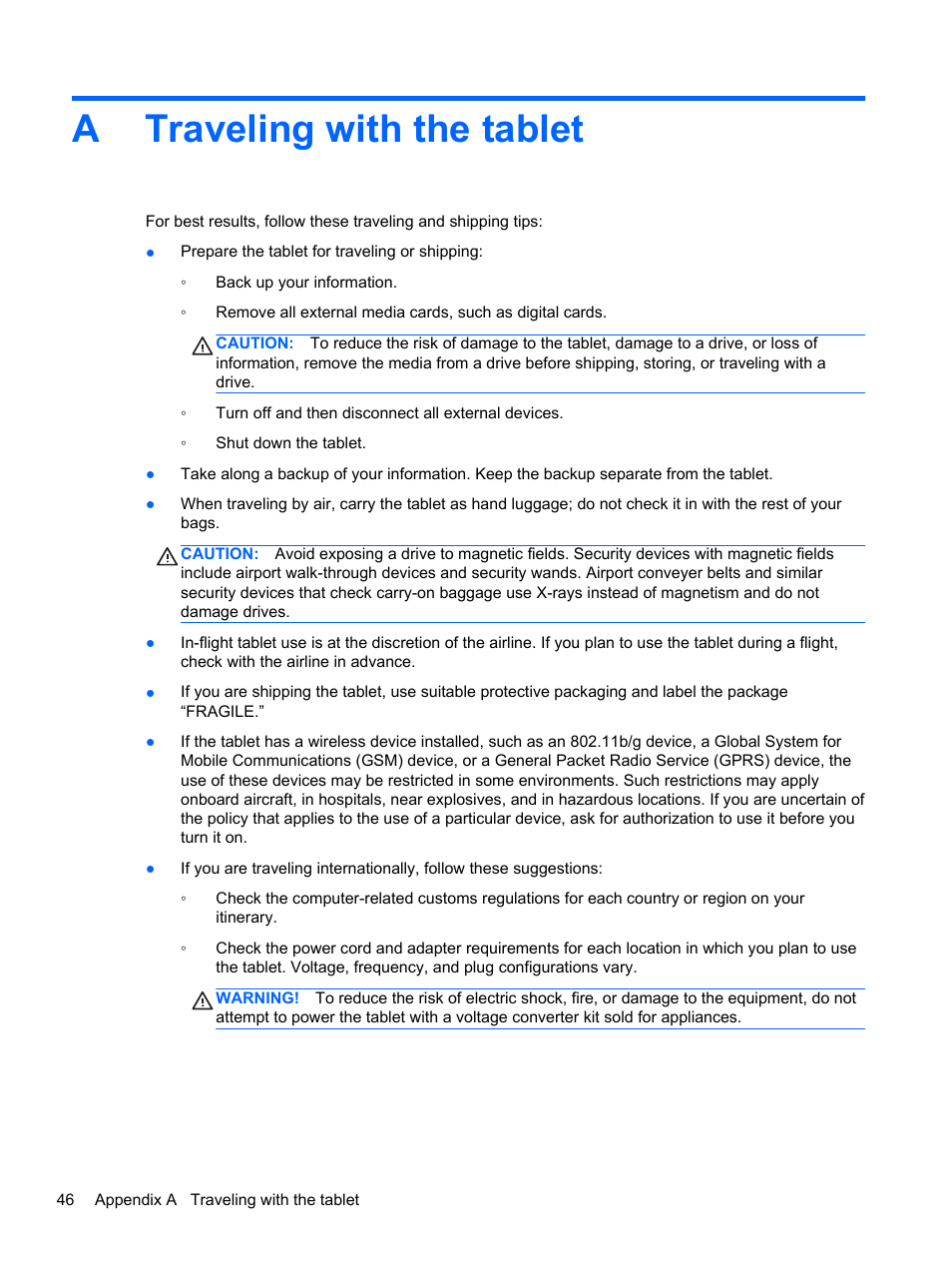 Traveling with the tablet, Appendix a traveling with the tablet, Atraveling with the tablet | HP ElitePad 900 G1 Tablet User Manual | Page 54 / 57