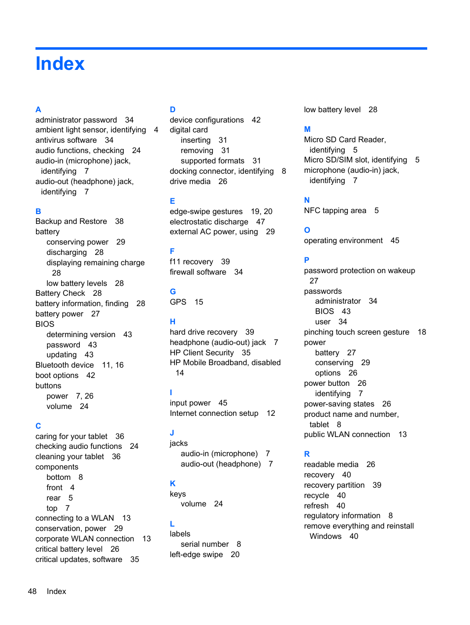 Index | HP ElitePad 900 G1 Tablet User Manual | Page 56 / 57