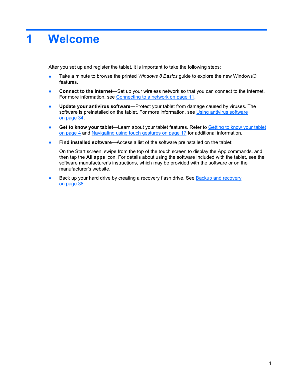 Welcome, 1 welcome, 1welcome | HP ElitePad 900 G1 Tablet User Manual | Page 9 / 57