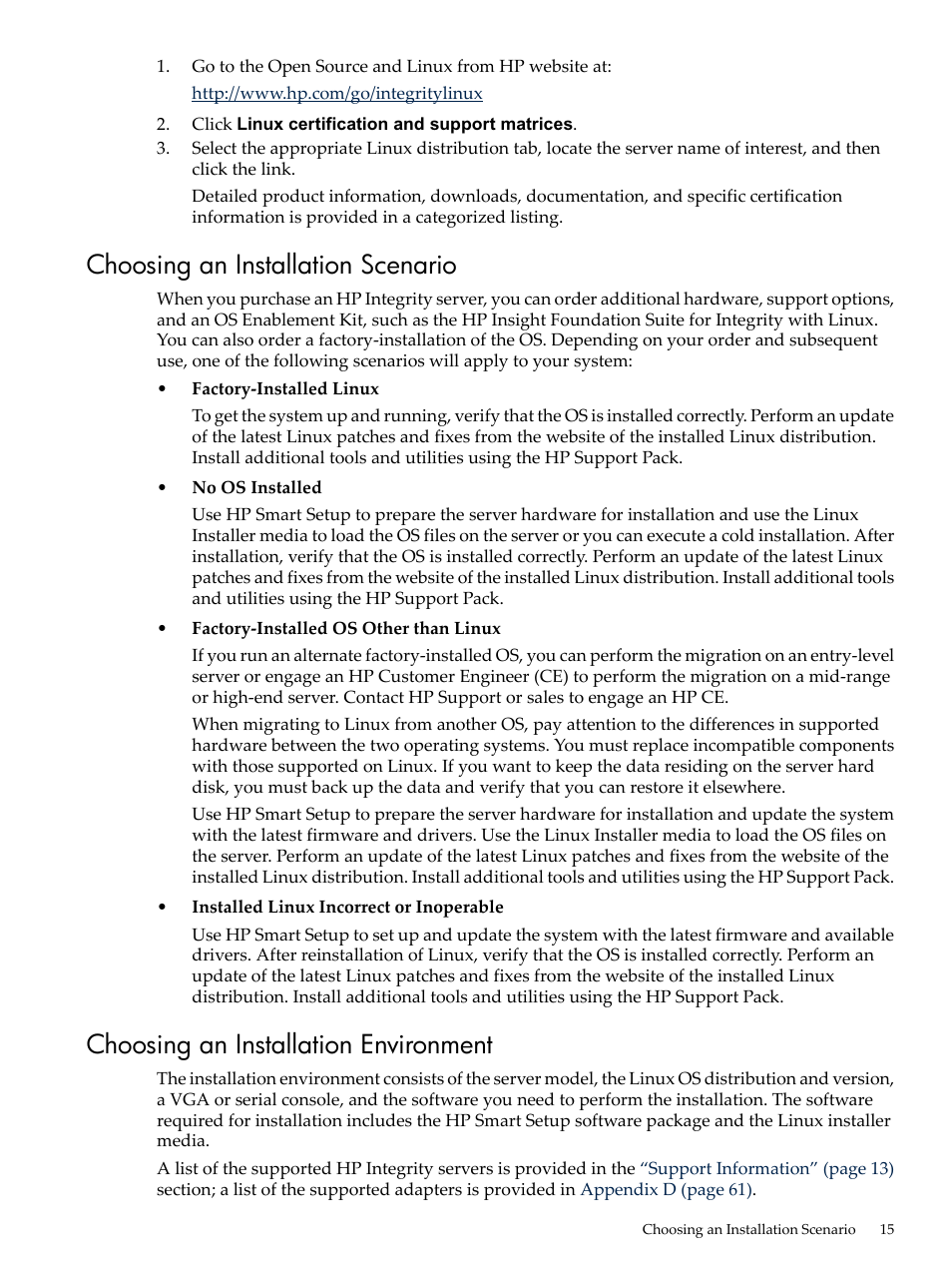 Choosing an installation scenario, Choosing an installation environment | HP Integrity Essentials Pack for Linux Software User Manual | Page 15 / 66