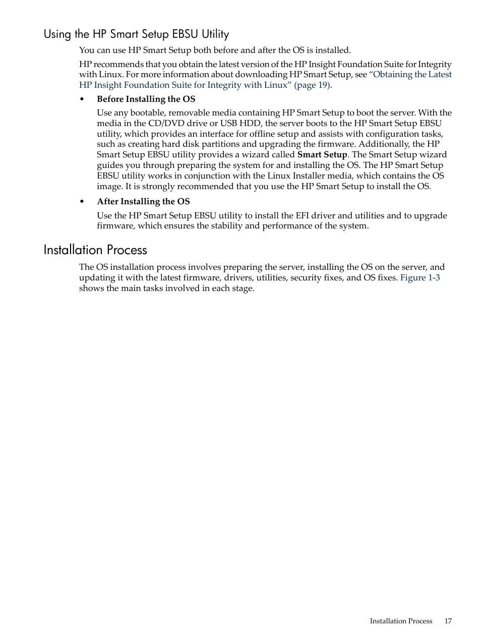 Using the hp smart setup ebsu utility, Installation process | HP Integrity Essentials Pack for Linux Software User Manual | Page 17 / 66