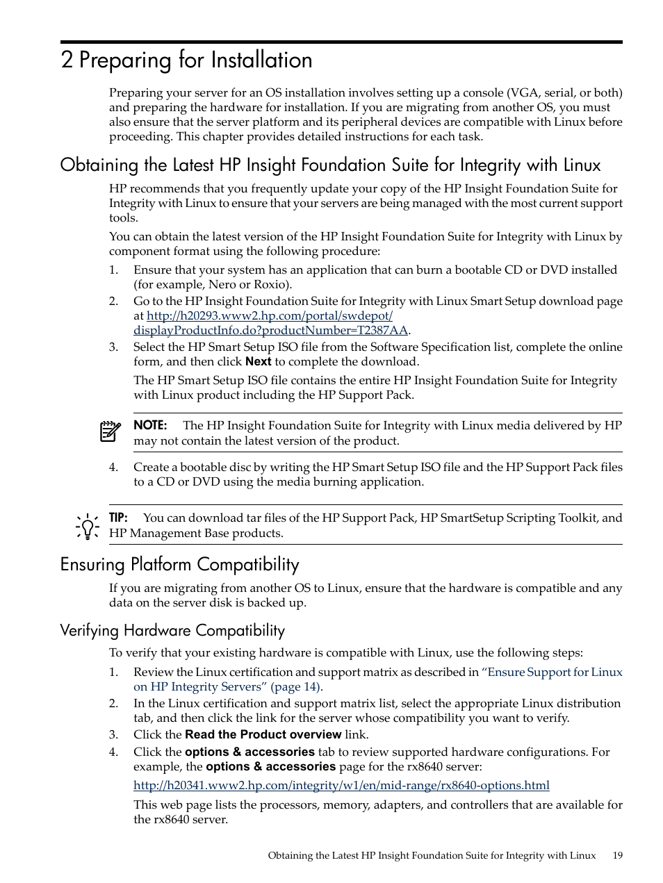 2 preparing for installation, Ensuring platform compatibility, Verifying hardware compatibility | Obtaining the latest | HP Integrity Essentials Pack for Linux Software User Manual | Page 19 / 66