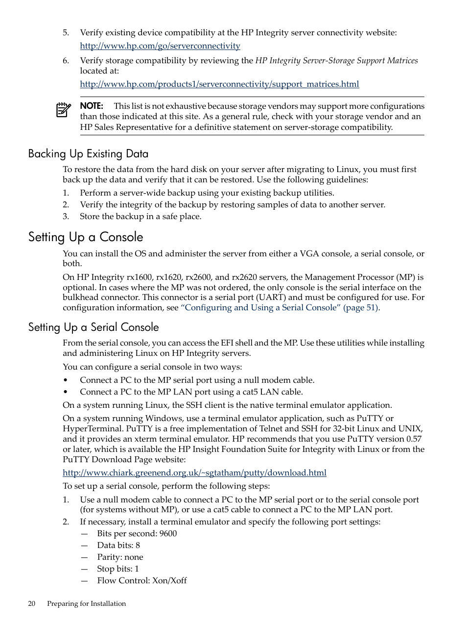 Backing up existing data, Setting up a console, Setting up a serial console | HP Integrity Essentials Pack for Linux Software User Manual | Page 20 / 66