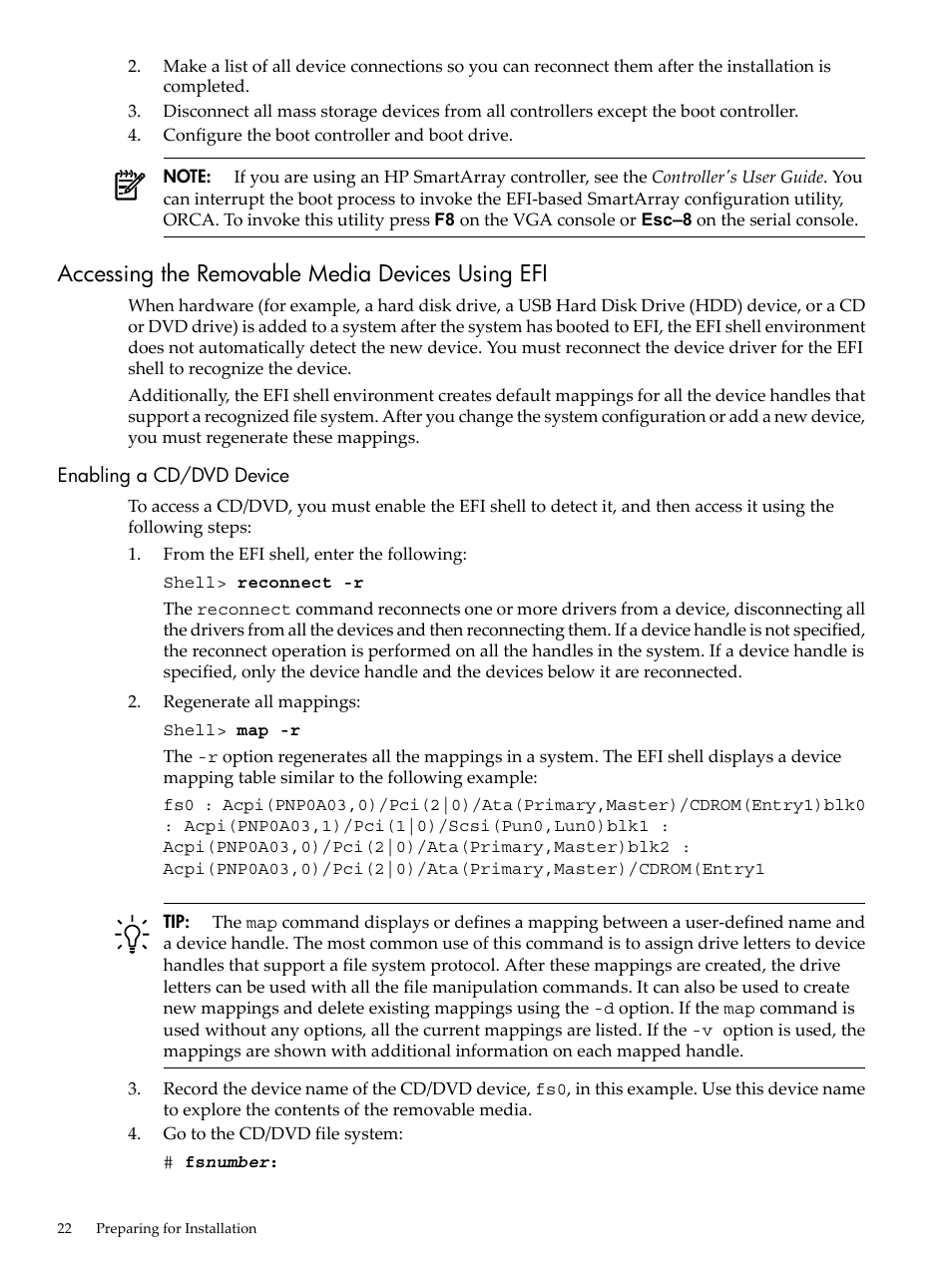 Accessing the removable media devices using efi, Enabling a cd/dvd device | HP Integrity Essentials Pack for Linux Software User Manual | Page 22 / 66