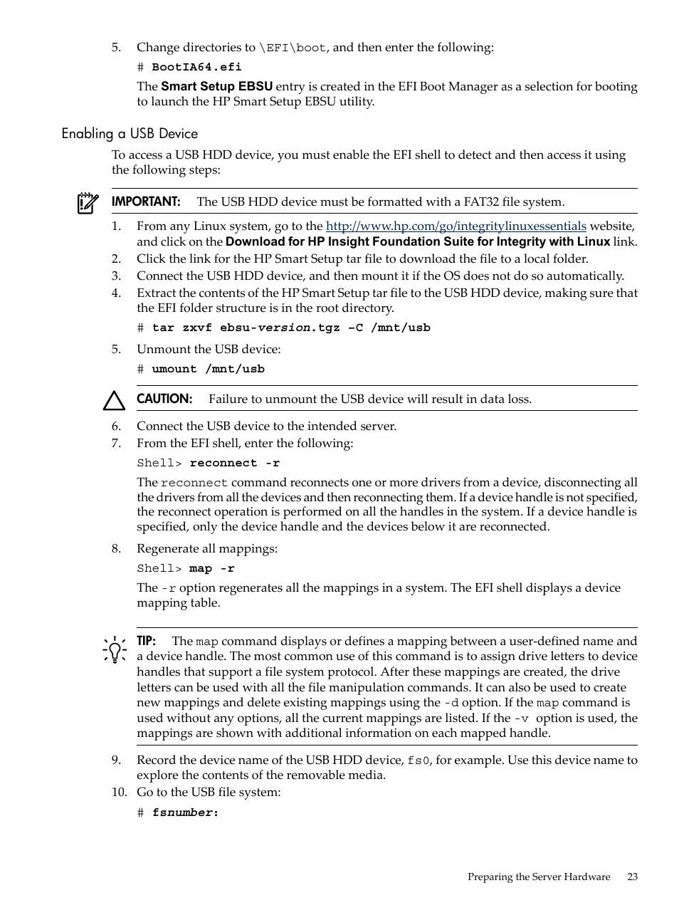 Enabling a usb device | HP Integrity Essentials Pack for Linux Software User Manual | Page 23 / 66