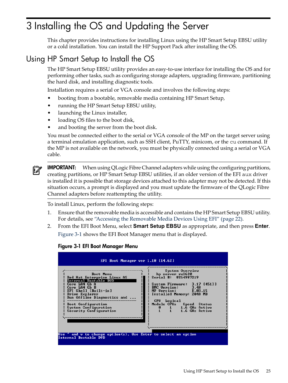 3 installing the os and updating the server, Using hp smart setup to install the os, Efi boot manager menu | HP Integrity Essentials Pack for Linux Software User Manual | Page 25 / 66