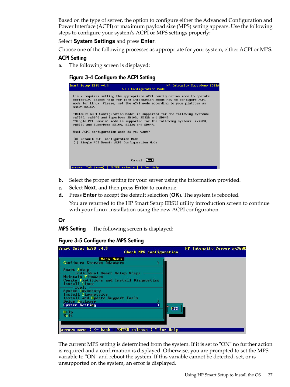 Configure the acpi setting, Configure the mps setting | HP Integrity Essentials Pack for Linux Software User Manual | Page 27 / 66