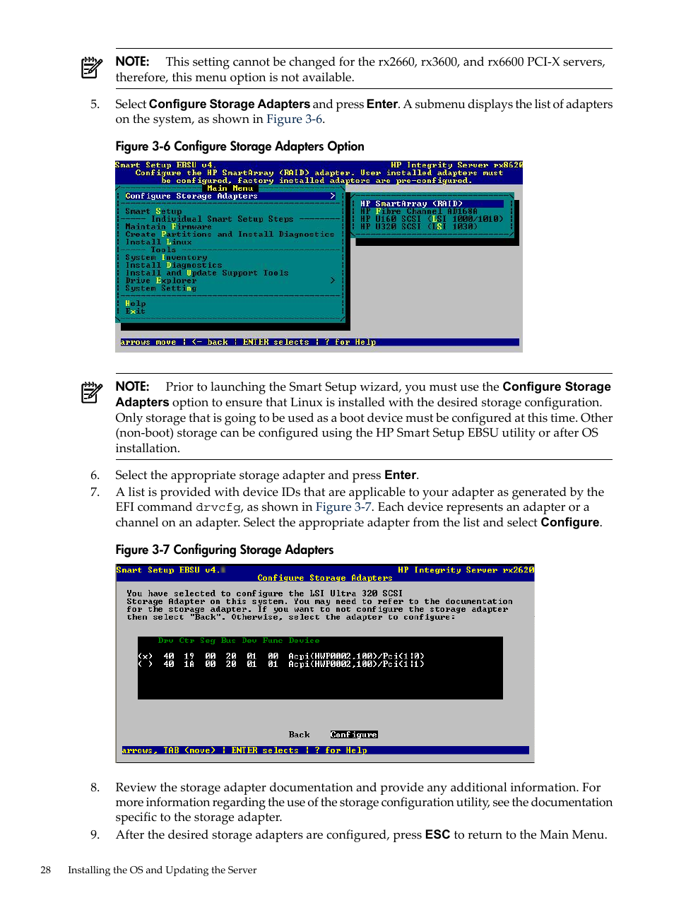 Configure storage adapters option, Configuring storage adapters | HP Integrity Essentials Pack for Linux Software User Manual | Page 28 / 66