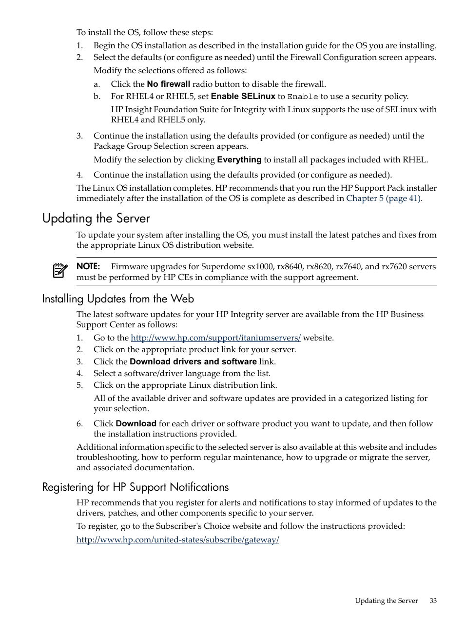 Updating the server, Installing updates from the web, Registering for hp support notifications | HP Integrity Essentials Pack for Linux Software User Manual | Page 33 / 66