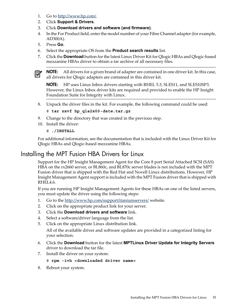 Installing the mpt fusion hba drivers for linux | HP Integrity Essentials Pack for Linux Software User Manual | Page 35 / 66