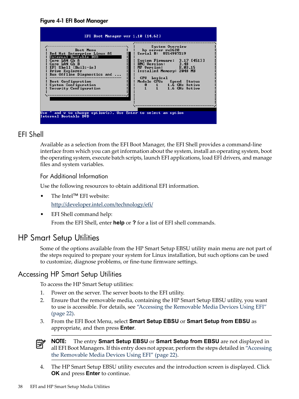 Efi shell, Hp smart setup utilities, Accessing hp smart setup utilities | Efi boot manager | HP Integrity Essentials Pack for Linux Software User Manual | Page 38 / 66