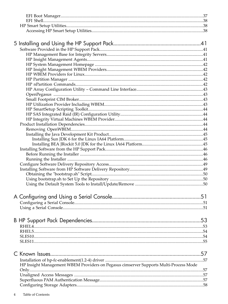 5 installing and using the hp support pack, A configuring and using a serial console, B hp support pack dependencies | C known issues | HP Integrity Essentials Pack for Linux Software User Manual | Page 4 / 66