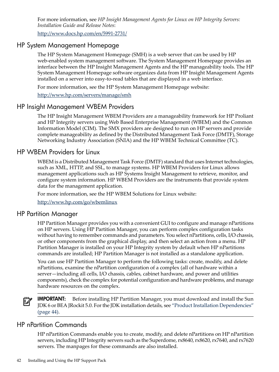 Hp insight management wbem providers, Hp wbem providers for linux, Hp partition manager | Hp npartition commands, Hp system management homepage | HP Integrity Essentials Pack for Linux Software User Manual | Page 42 / 66