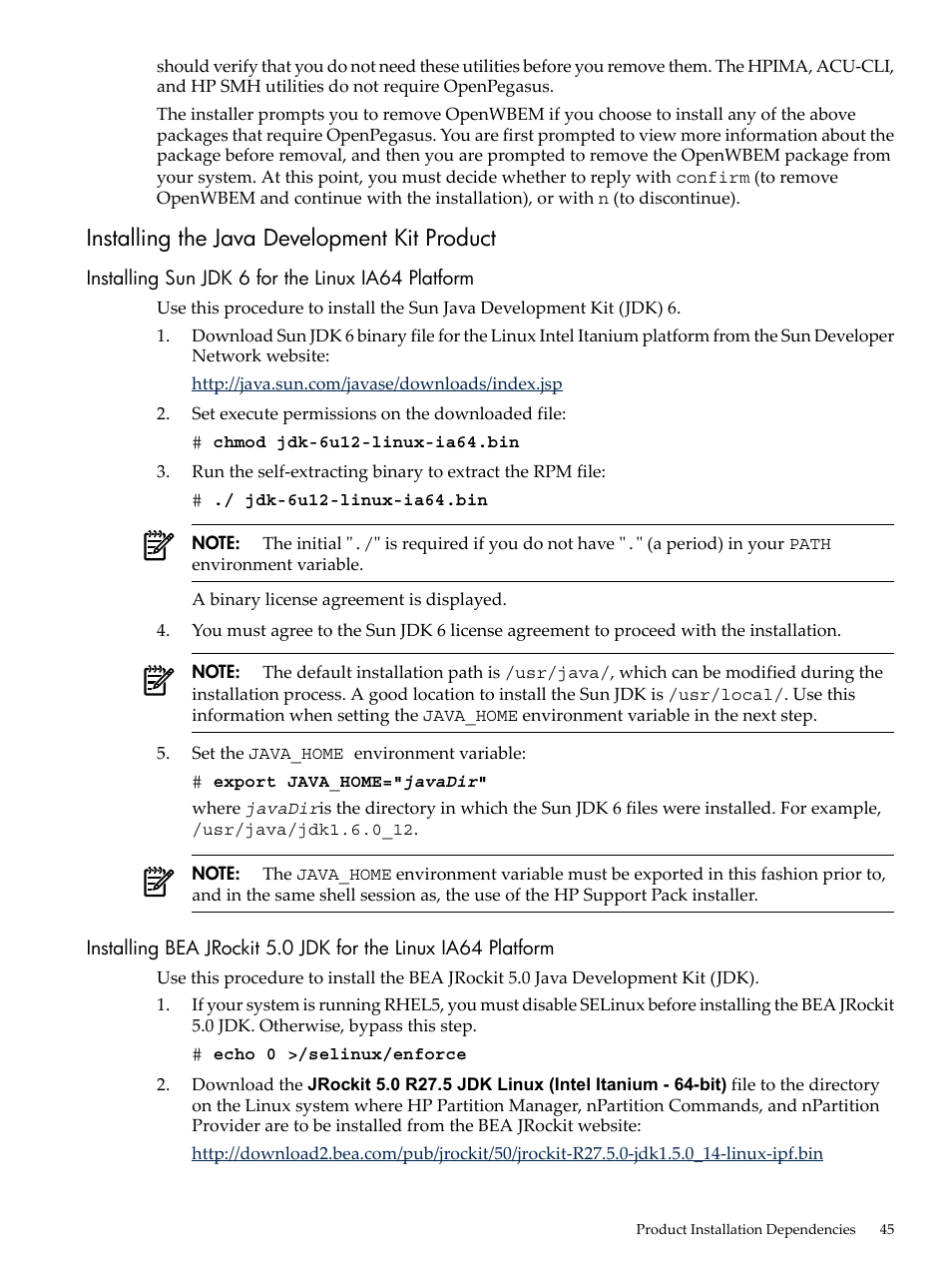 Installing the java development kit product, Installing sun jdk 6 for the linux ia64 platform | HP Integrity Essentials Pack for Linux Software User Manual | Page 45 / 66