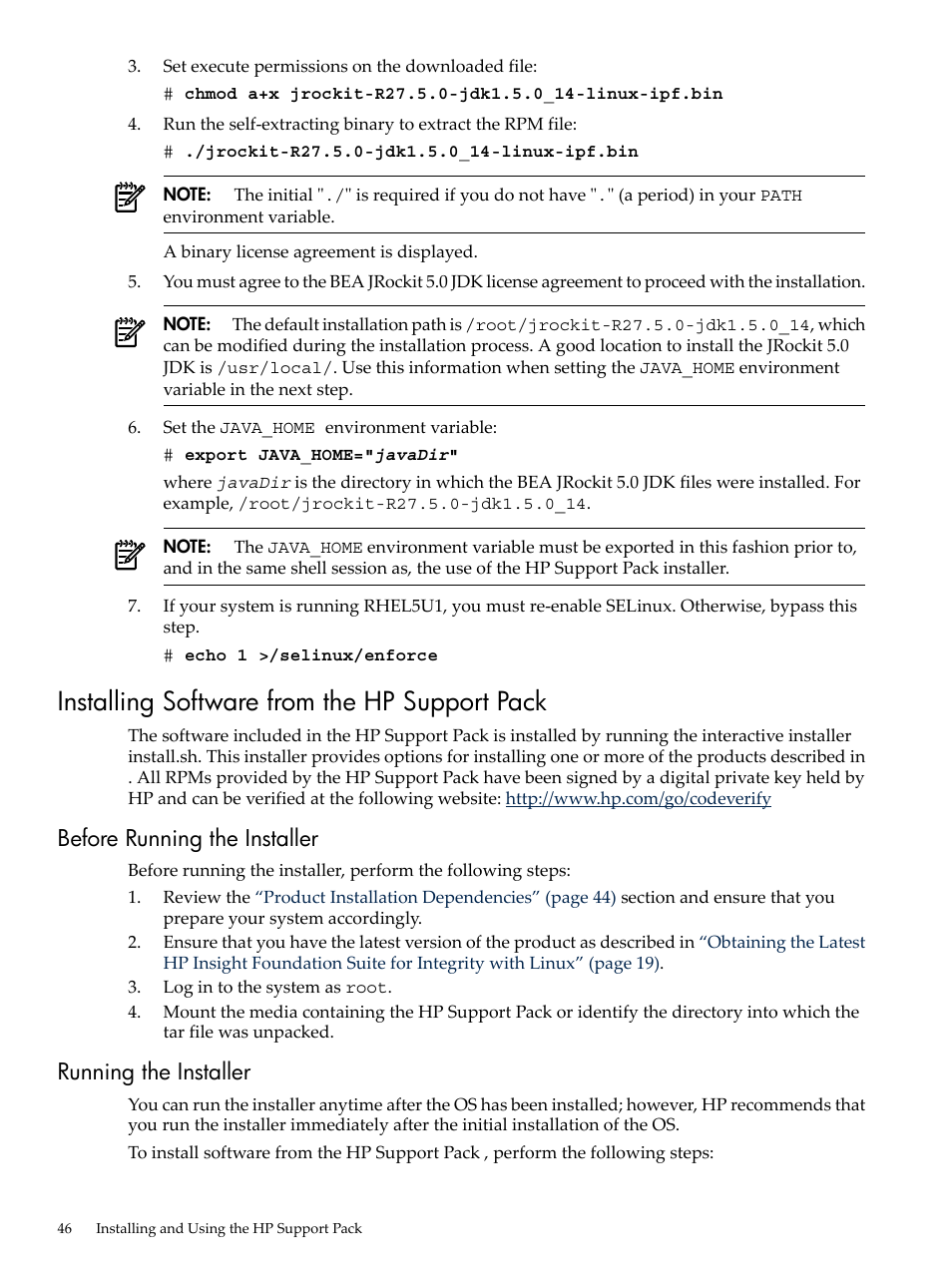 Installing software from the hp support pack, Before running the installer, Running the installer | Before running the installer running the installer | HP Integrity Essentials Pack for Linux Software User Manual | Page 46 / 66