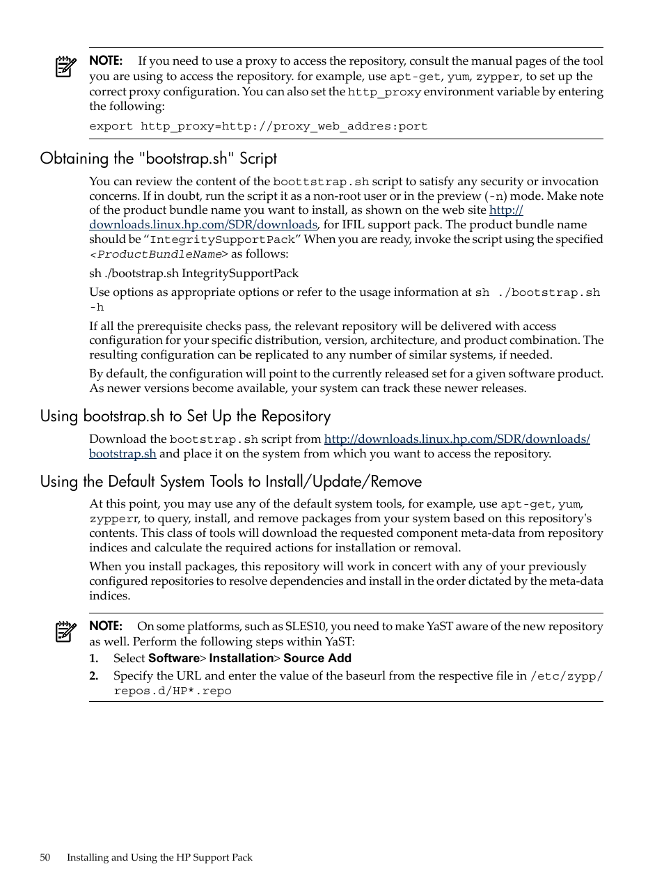 Obtaining the "bootstrap.sh" script, Using bootstrap.sh to set up the repository | HP Integrity Essentials Pack for Linux Software User Manual | Page 50 / 66