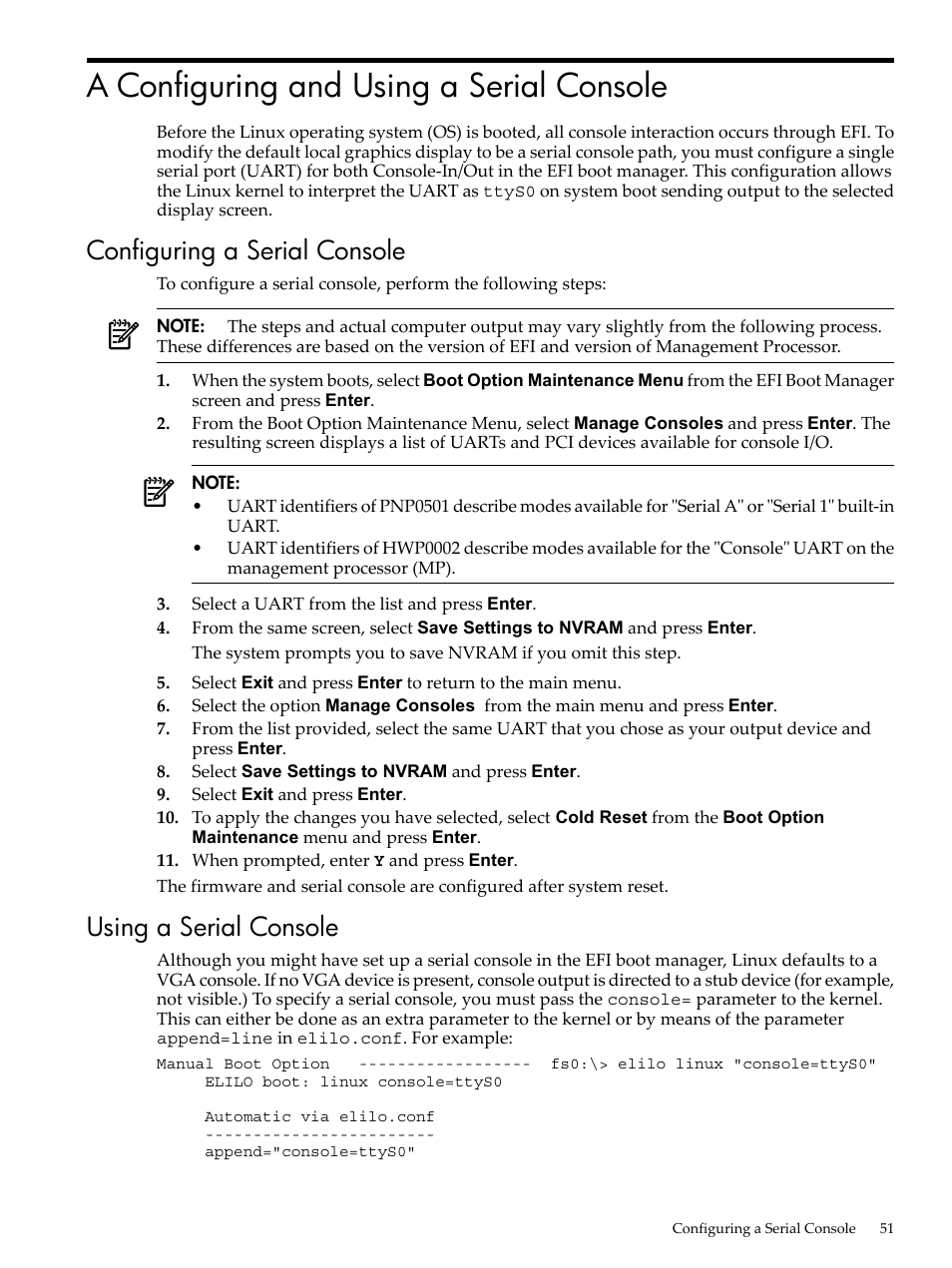 A configuring and using a serial console, Configuring a serial console, Using a serial console | HP Integrity Essentials Pack for Linux Software User Manual | Page 51 / 66