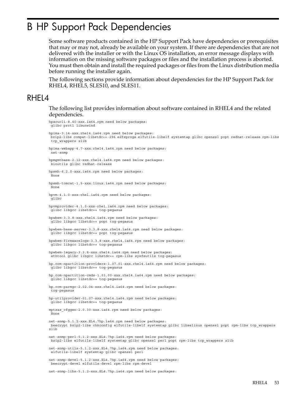 B hp support pack dependencies, Rhel4 | HP Integrity Essentials Pack for Linux Software User Manual | Page 53 / 66