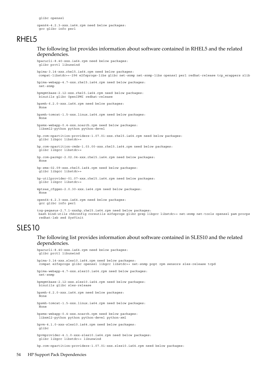 Rhel5, Sles10, Rhel5 sles10 | HP Integrity Essentials Pack for Linux Software User Manual | Page 54 / 66