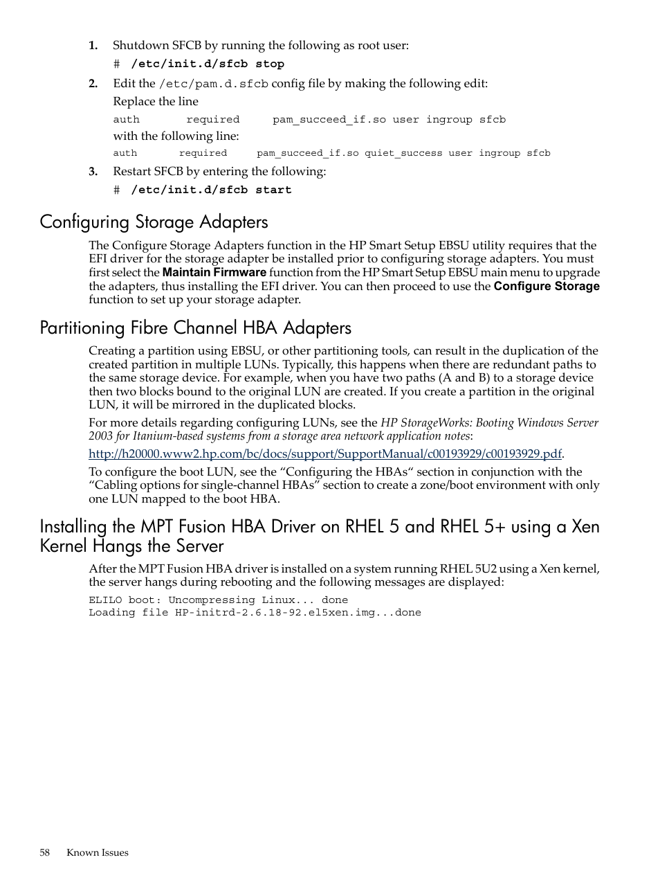 Configuring storage adapters, Partitioning fibre channel hba adapters | HP Integrity Essentials Pack for Linux Software User Manual | Page 58 / 66