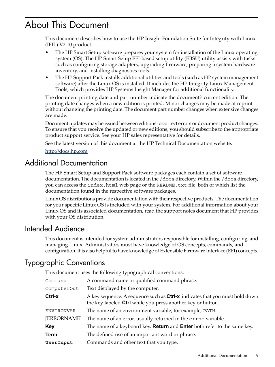 About this document, Additional documentation, Intended audience | Typographic conventions | HP Integrity Essentials Pack for Linux Software User Manual | Page 9 / 66