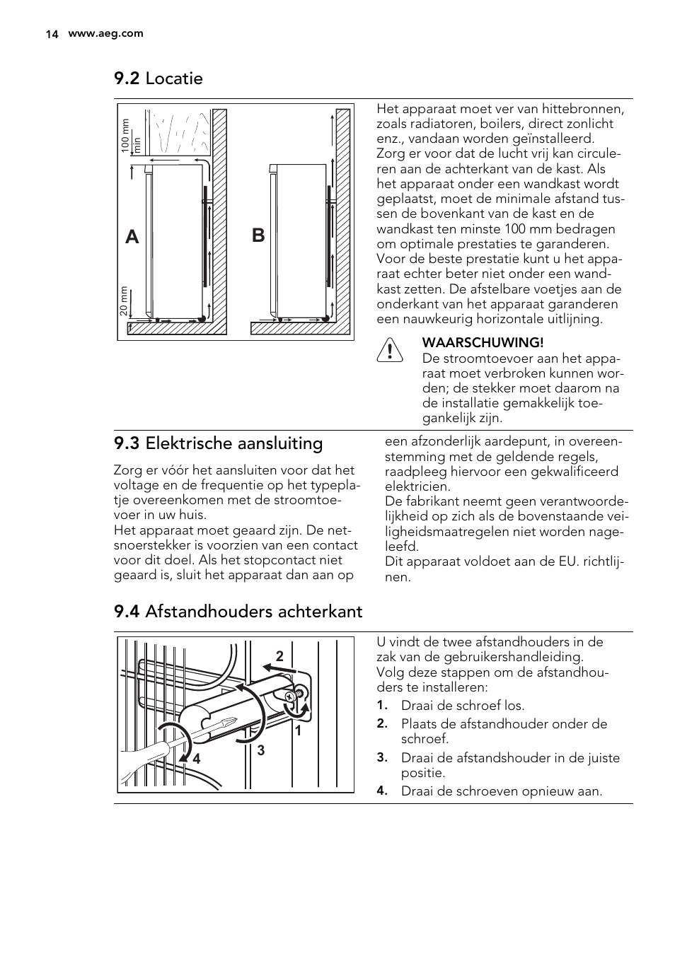 2 locatie, 3 elektrische aansluiting, 4 afstandhouders achterkant | AEG A52800GSW0 User Manual | Page 14 / 72