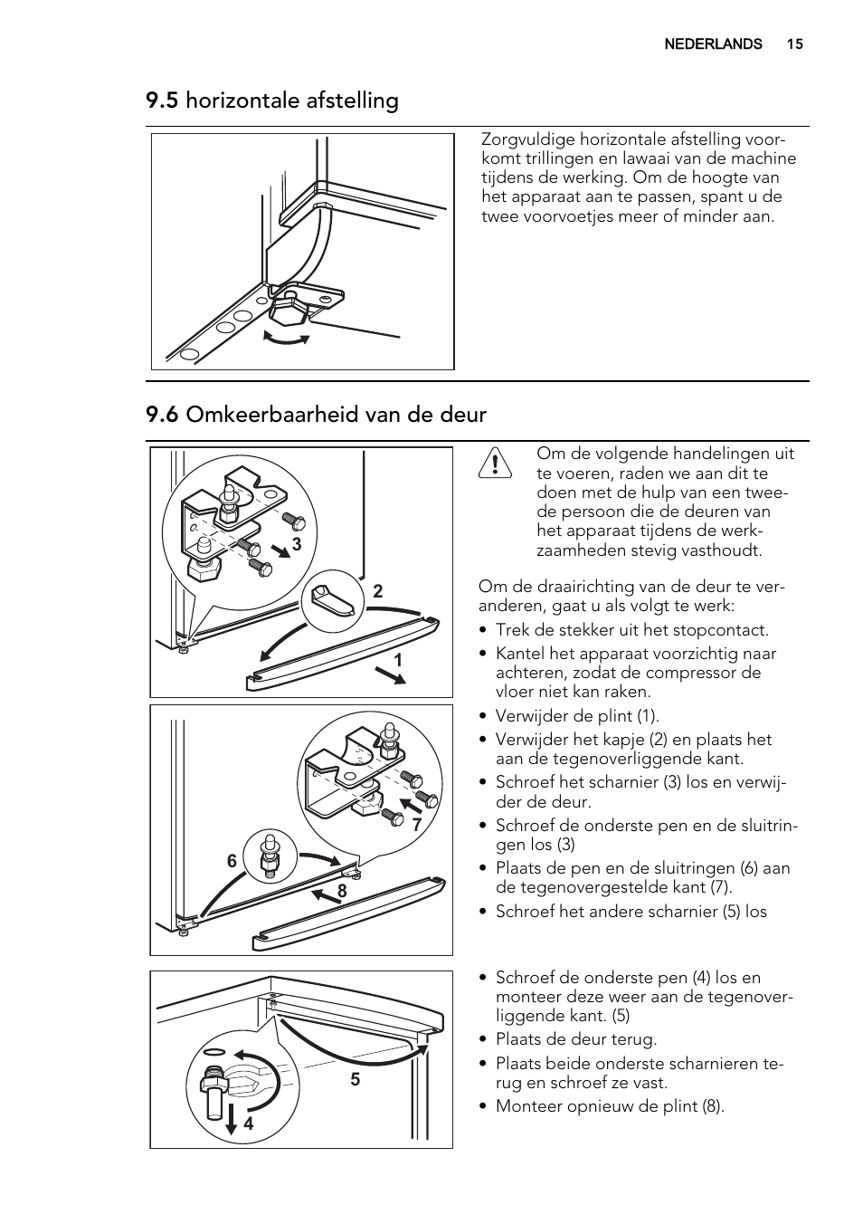 5 horizontale afstelling, 6 omkeerbaarheid van de deur | AEG A52800GSW0 User Manual | Page 15 / 72
