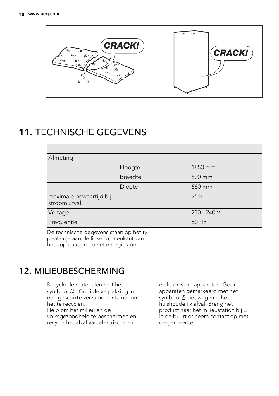 Technische gegevens, Crack, Milieubescherming | AEG A52800GSW0 User Manual | Page 18 / 72