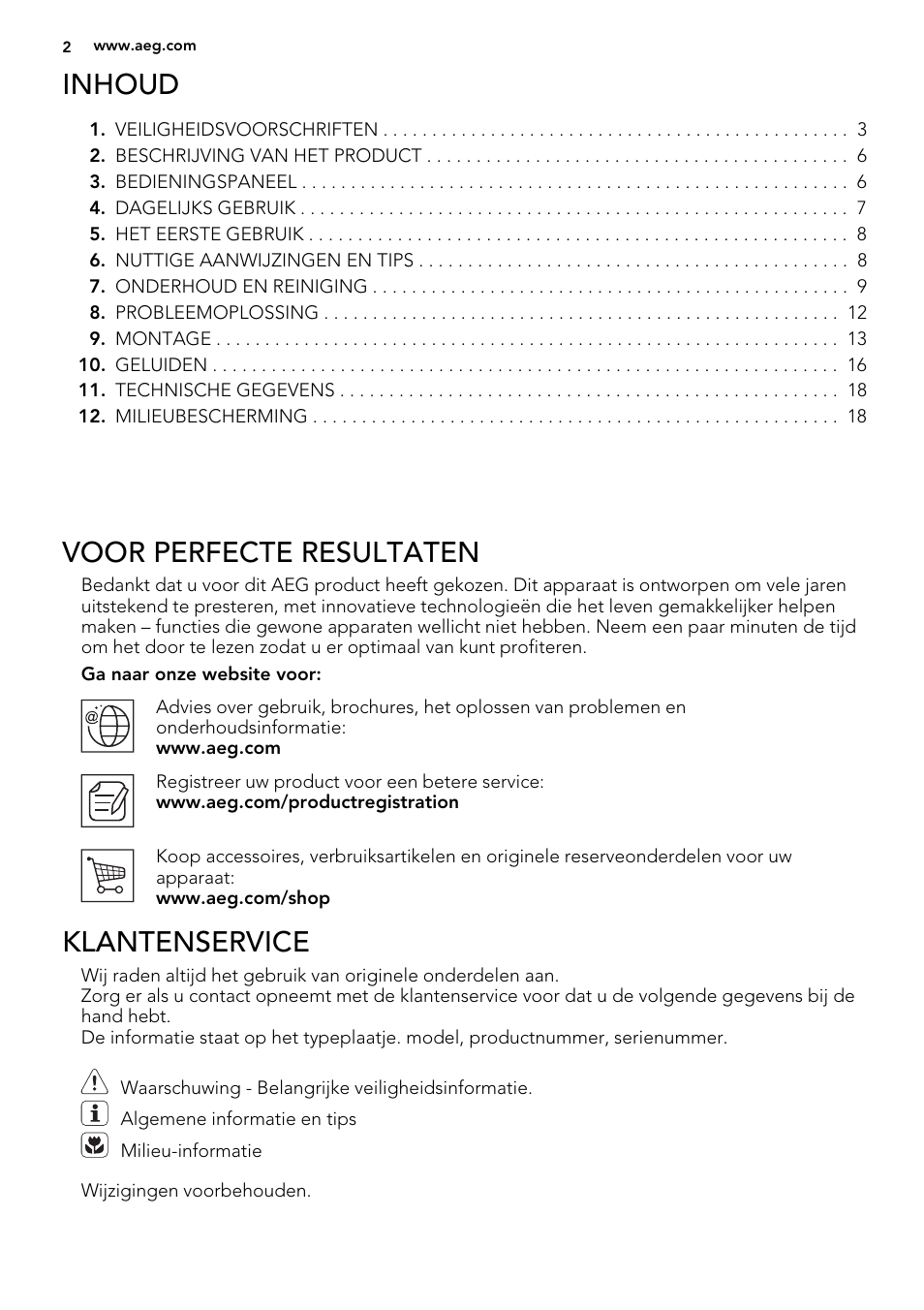 Inhoud, Voor perfecte resultaten, Klantenservice | AEG A52800GSW0 User Manual | Page 2 / 72