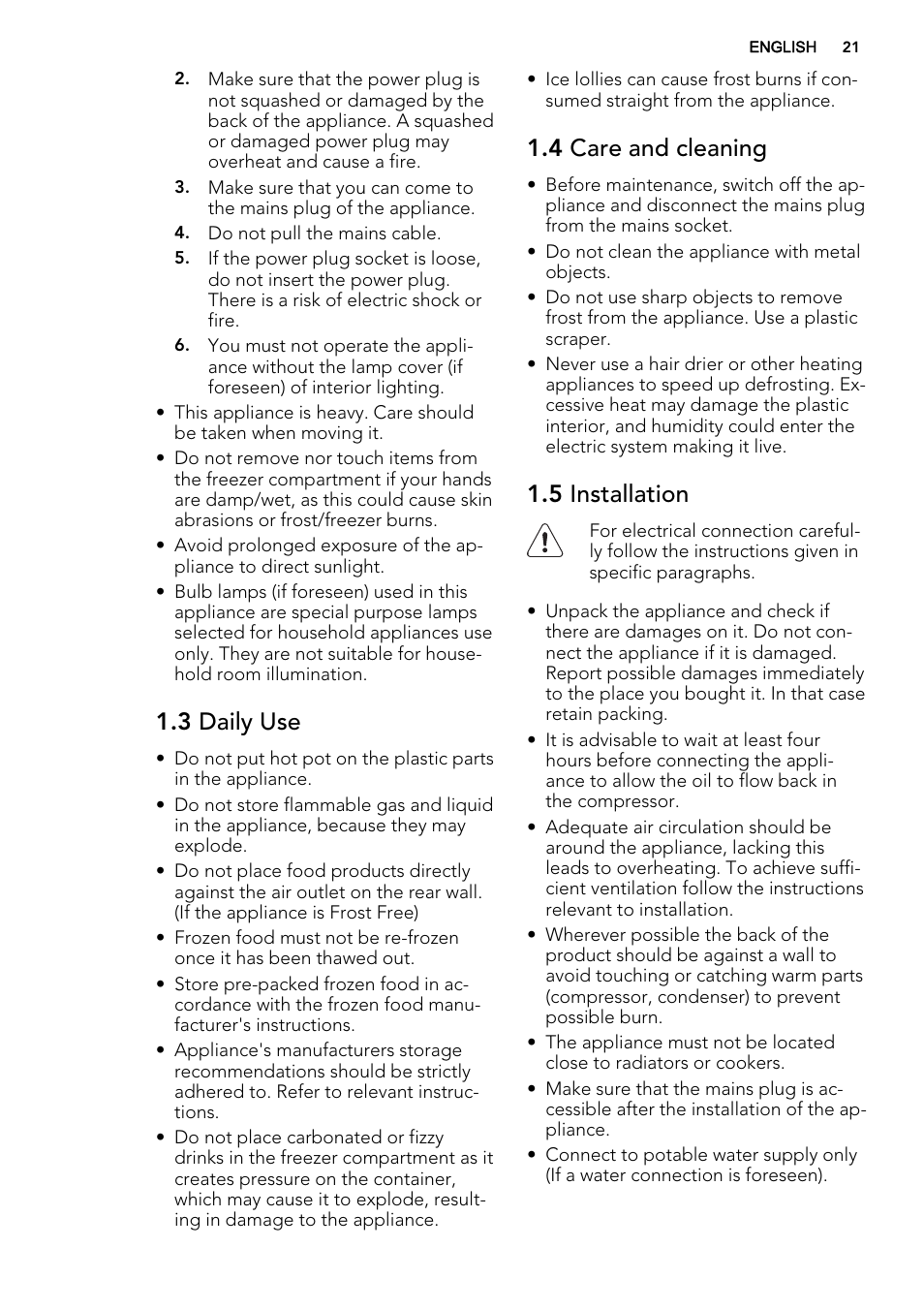 3 daily use, 4 care and cleaning, 5 installation | AEG A52800GSW0 User Manual | Page 21 / 72