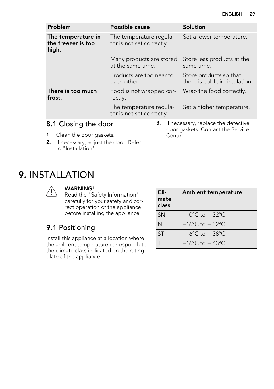 Installation, 1 closing the door, 1 positioning | AEG A52800GSW0 User Manual | Page 29 / 72