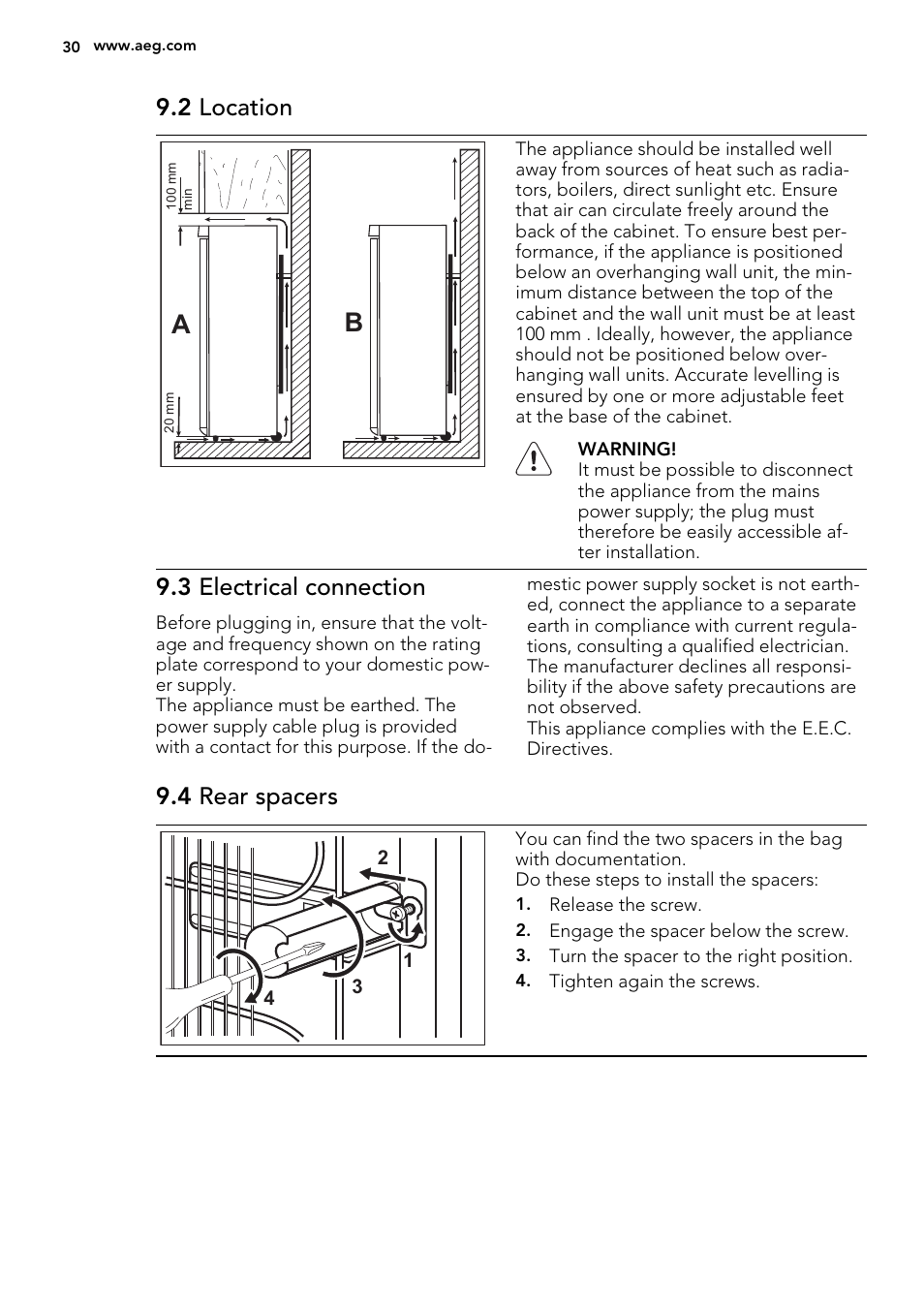 2 location, 3 electrical connection, 4 rear spacers | AEG A52800GSW0 User Manual | Page 30 / 72