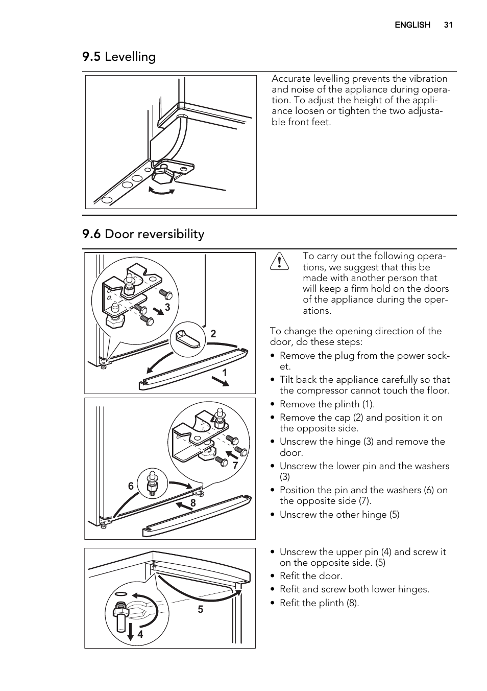 5 levelling, 6 door reversibility | AEG A52800GSW0 User Manual | Page 31 / 72