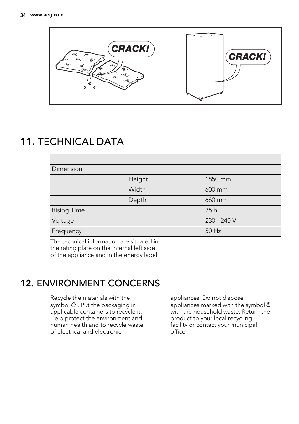 Technical data, Crack, Environment concerns | AEG A52800GSW0 User Manual | Page 34 / 72