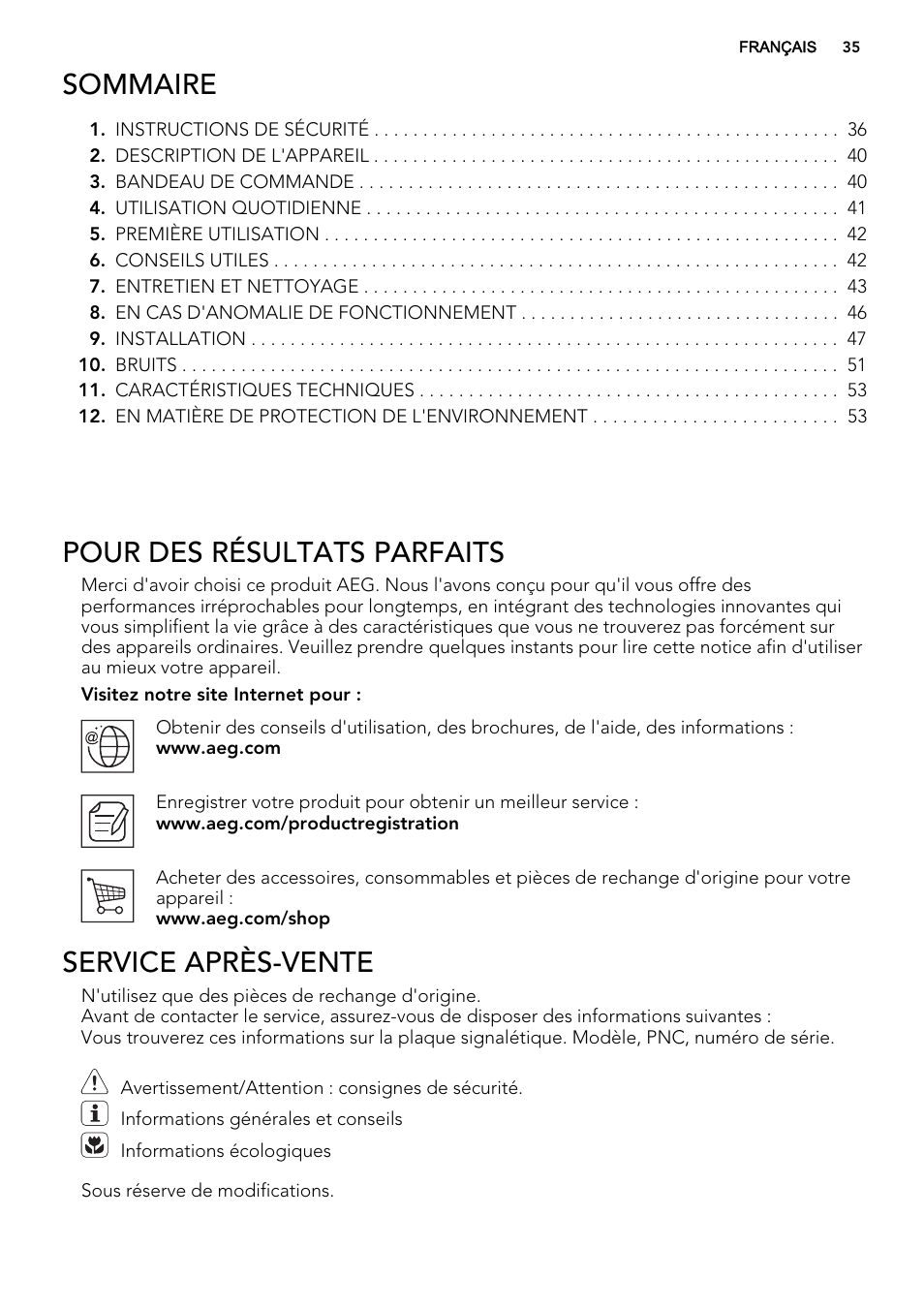 Sommaire, Pour des résultats parfaits, Service après-vente | AEG A52800GSW0 User Manual | Page 35 / 72