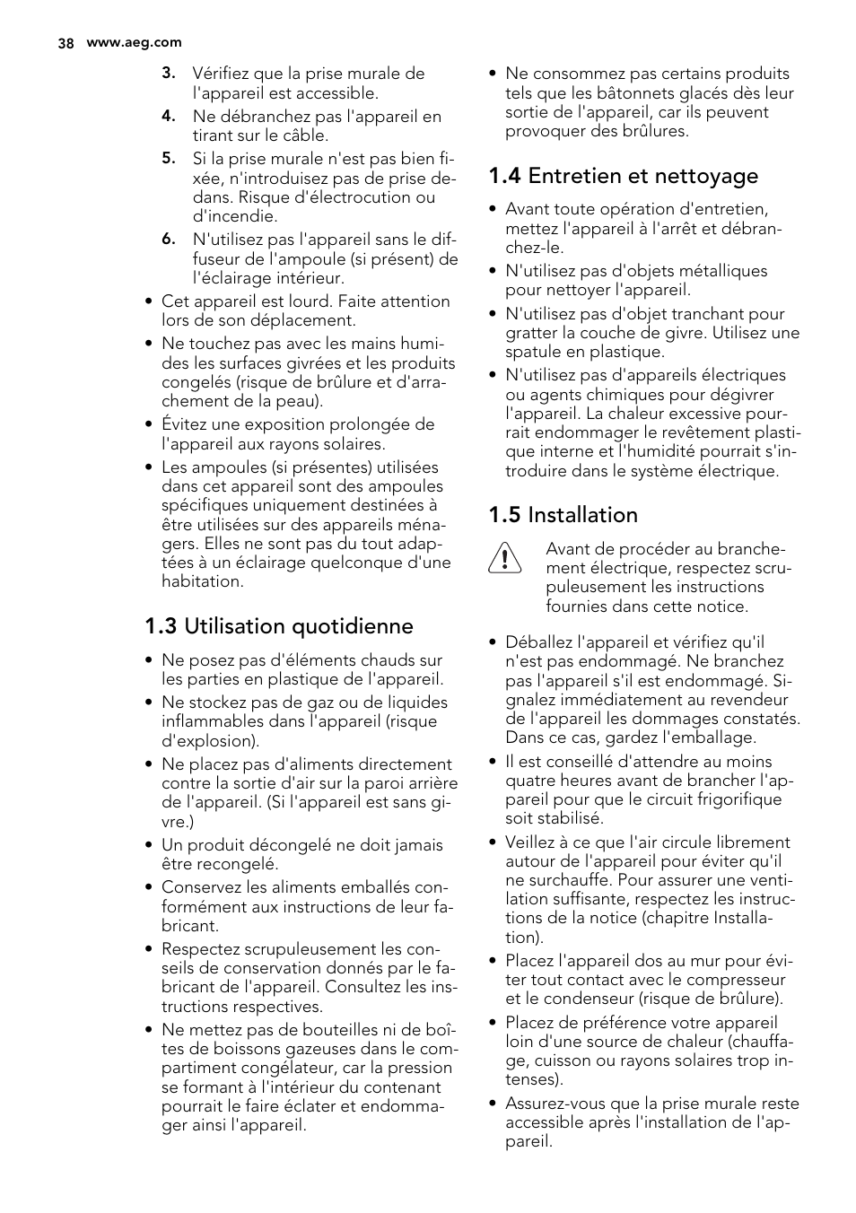 3 utilisation quotidienne, 4 entretien et nettoyage, 5 installation | AEG A52800GSW0 User Manual | Page 38 / 72