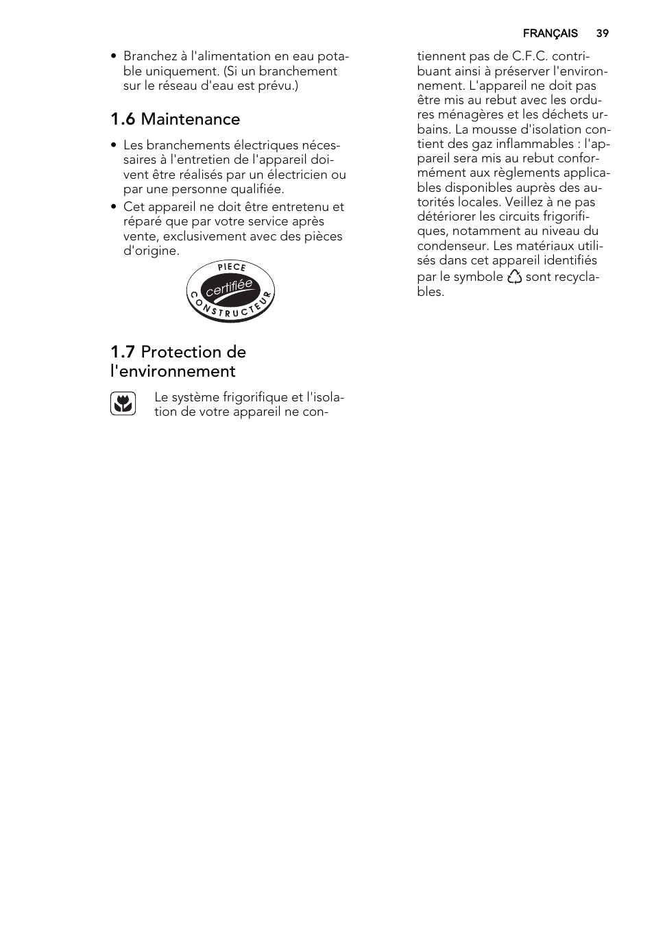 6 maintenance, 7 protection de l'environnement | AEG A52800GSW0 User Manual | Page 39 / 72