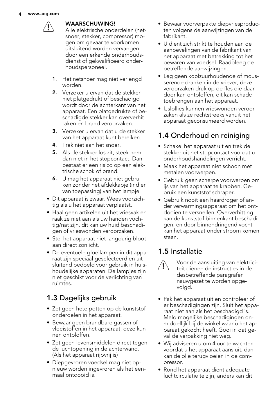 3 dagelijks gebruik, 4 onderhoud en reiniging, 5 installatie | AEG A52800GSW0 User Manual | Page 4 / 72
