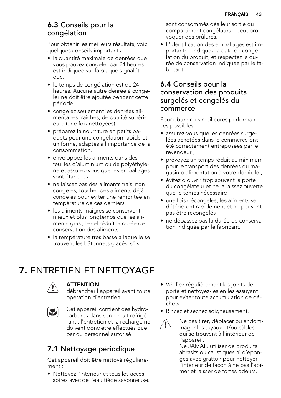 Entretien et nettoyage, 3 conseils pour la congélation, 1 nettoyage périodique | AEG A52800GSW0 User Manual | Page 43 / 72