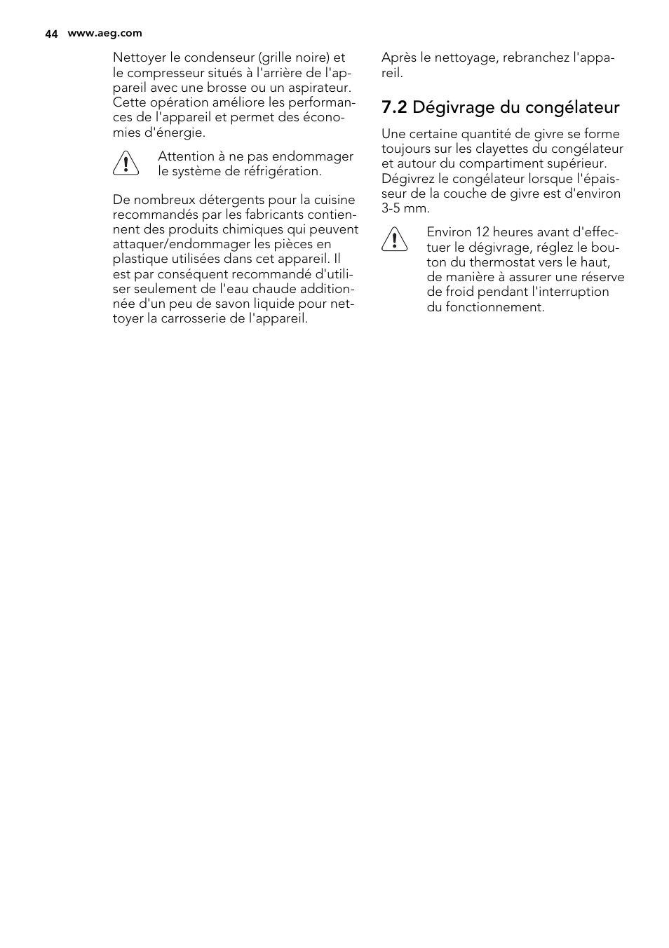 2 dégivrage du congélateur | AEG A52800GSW0 User Manual | Page 44 / 72