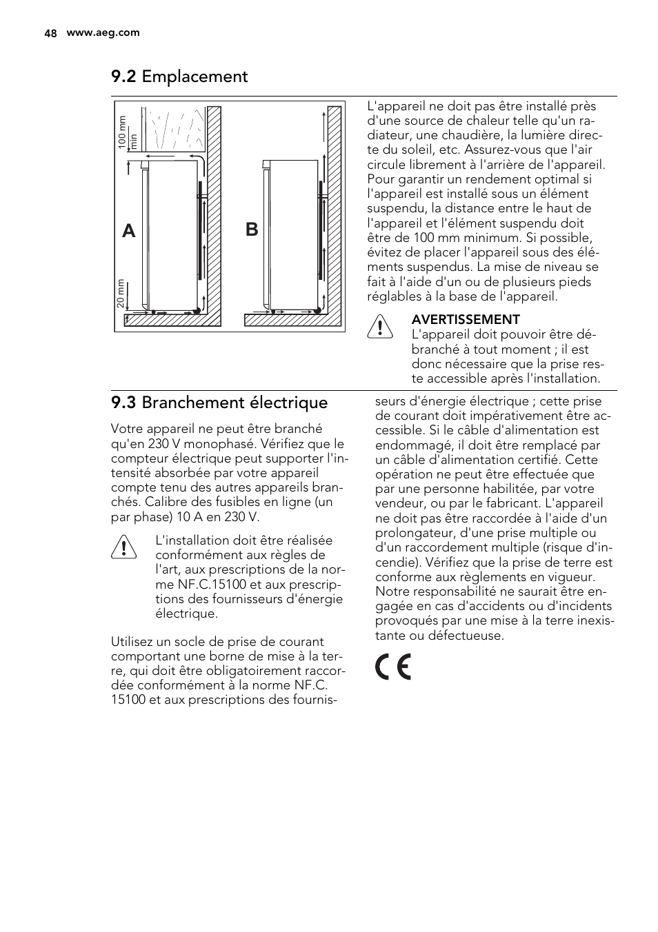 2 emplacement, 3 branchement électrique | AEG A52800GSW0 User Manual | Page 48 / 72