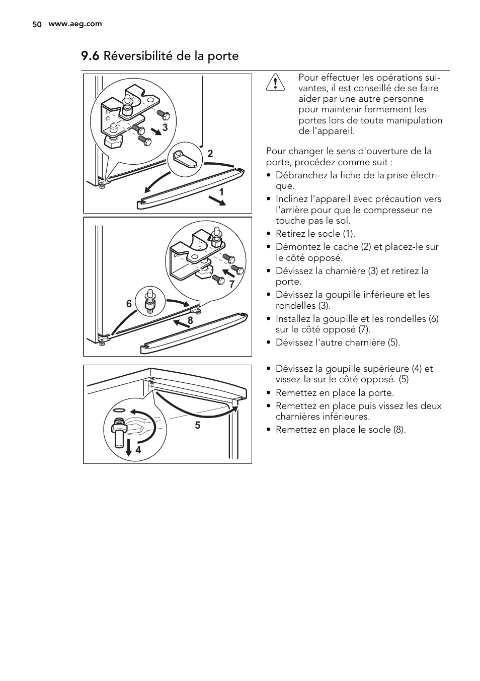 6 réversibilité de la porte | AEG A52800GSW0 User Manual | Page 50 / 72