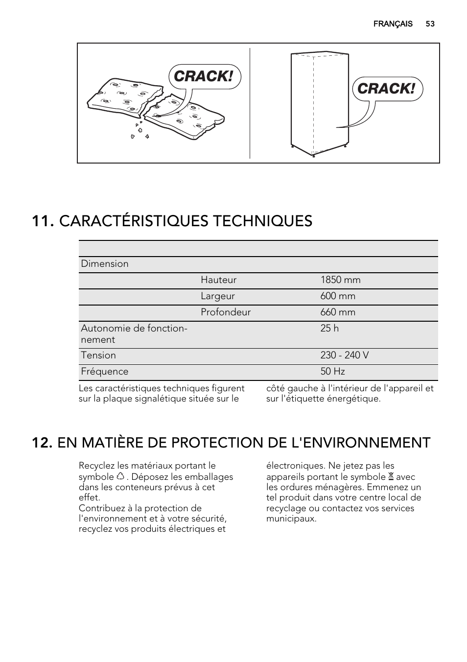 Caractéristiques techniques, Crack, En matière de protection de l'environnement | AEG A52800GSW0 User Manual | Page 53 / 72